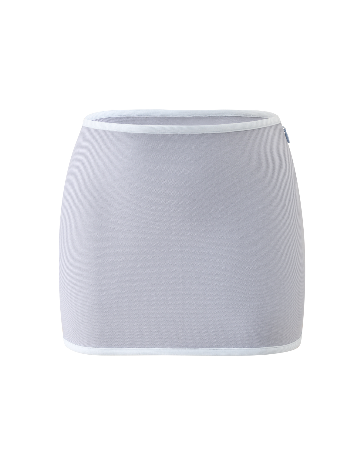 The TIGERMIST BRIGIT BANDAGE MINI SKIRT in dove grey features a light gray, tube silhouette with white trim along the top and bottom edges, displayed upright against a white background.
