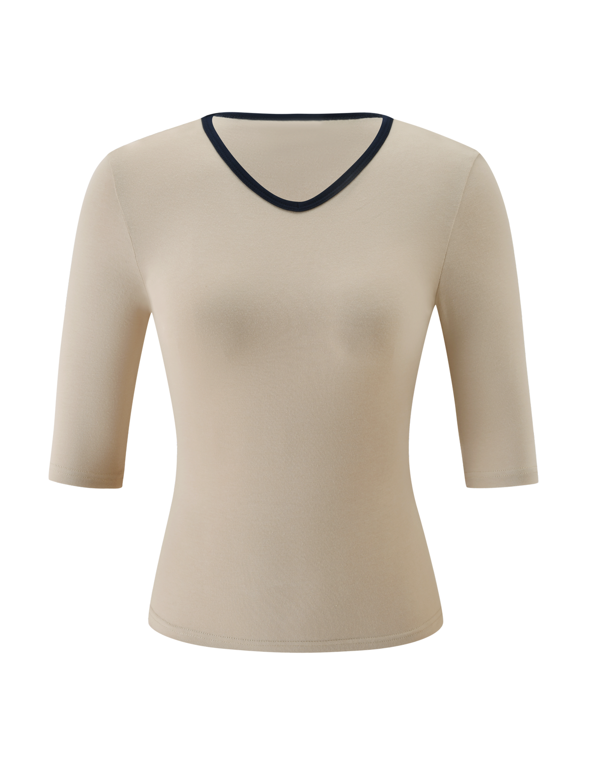 SHANICE TOP - SAND by TIGERMIST: This beige fitted women’s three quarter top features half sleeves, a black trim around the round neckline, and a flattering bodycon fit, displayed on a plain white background.