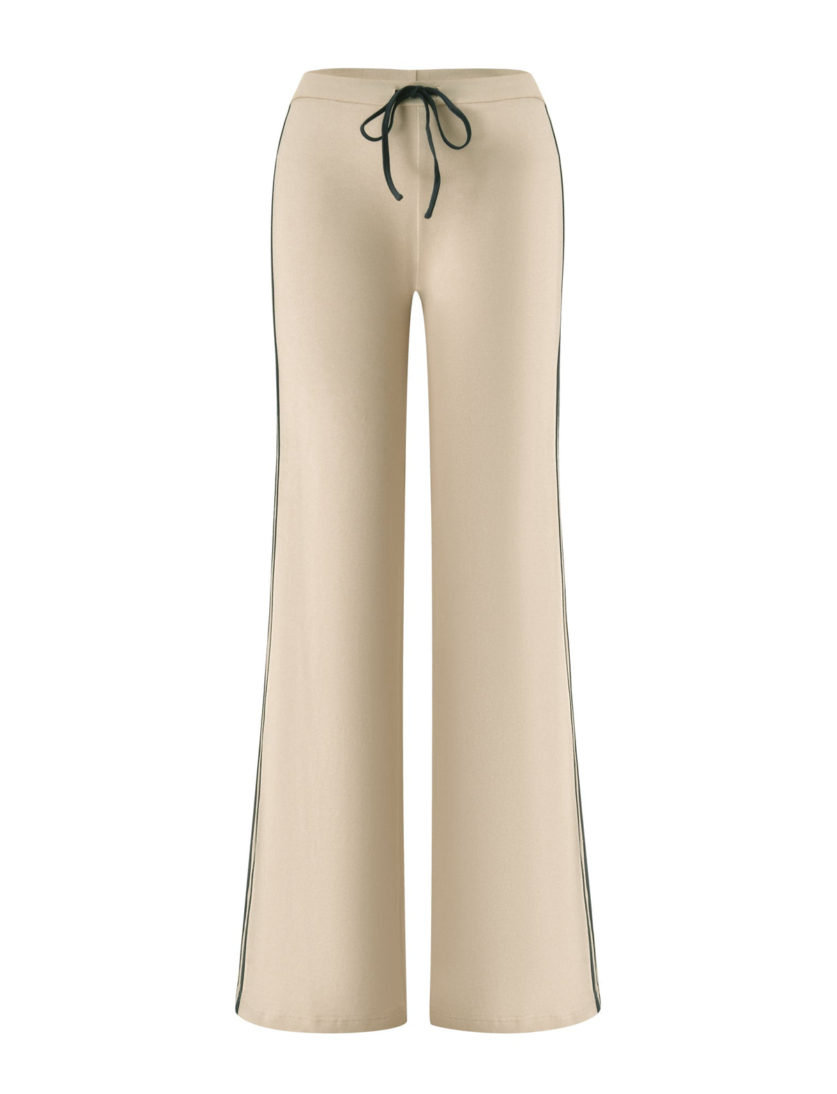 The SHANICE LOUNGE PANT - SAND by TIGERMIST features a beige flared silhouette with a black drawstring waist and contrasting black side stripes, crafted from stretch jersey fabric for enhanced comfort, shown against a white background.