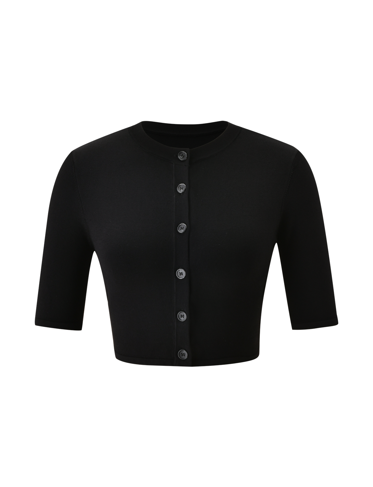 ELSIE CARDIGAN - BLACK by TIGERMIST: A black short-sleeve, fully fashioned knit cropped cardigan featuring a crew neckline and button-down front, shown against a plain white background. Part of the Jess Bader collection.