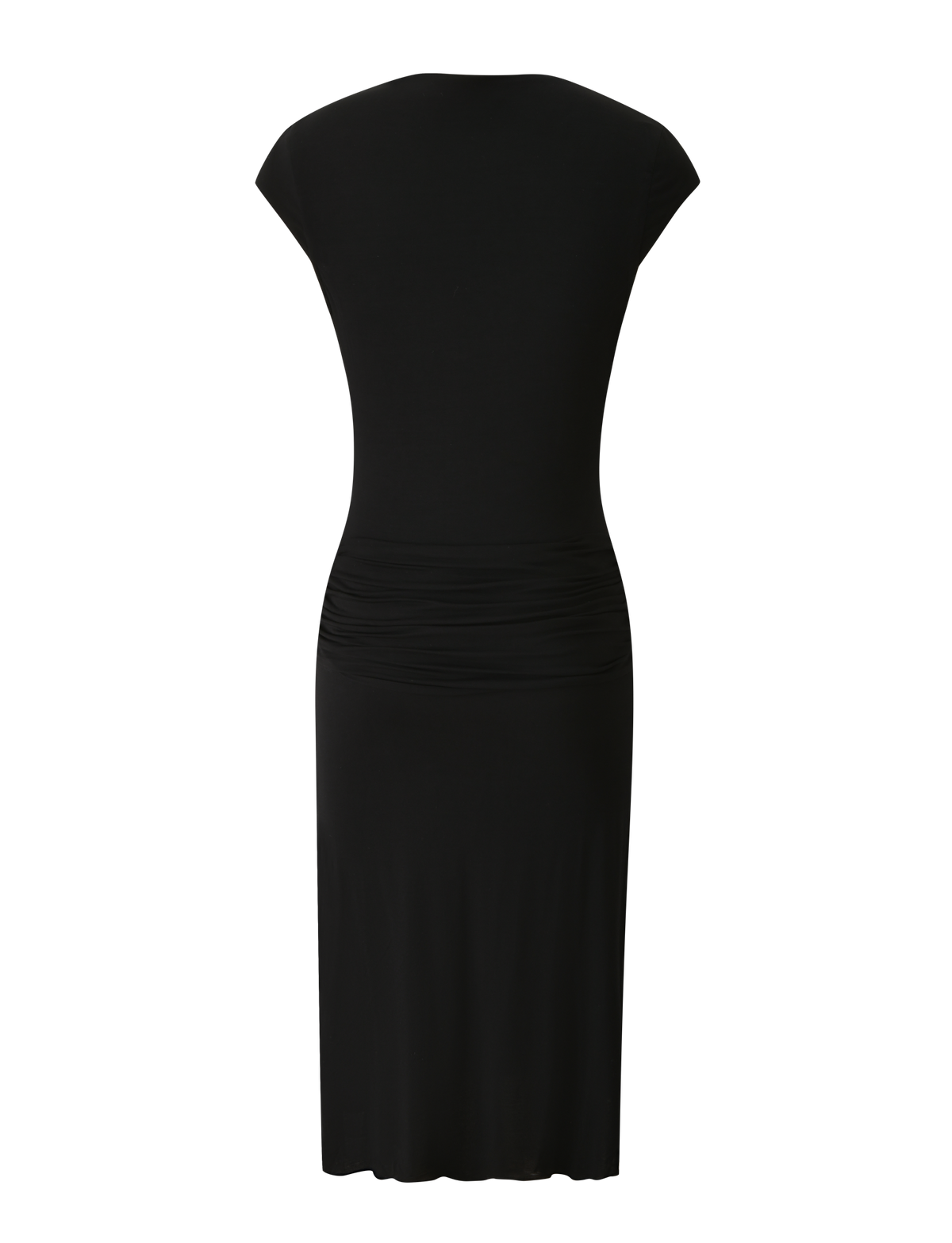 Back view of the TIGERMIST ARIELLA PLUNGE MIDI DRESS in black, a fitted short-sleeve cocktail dress featuring a plunging neckline, subtle waist ruching, and a smooth straight hem. Crafted from buttery jersey for an elegant evening look, this piece is displayed against a plain white background.