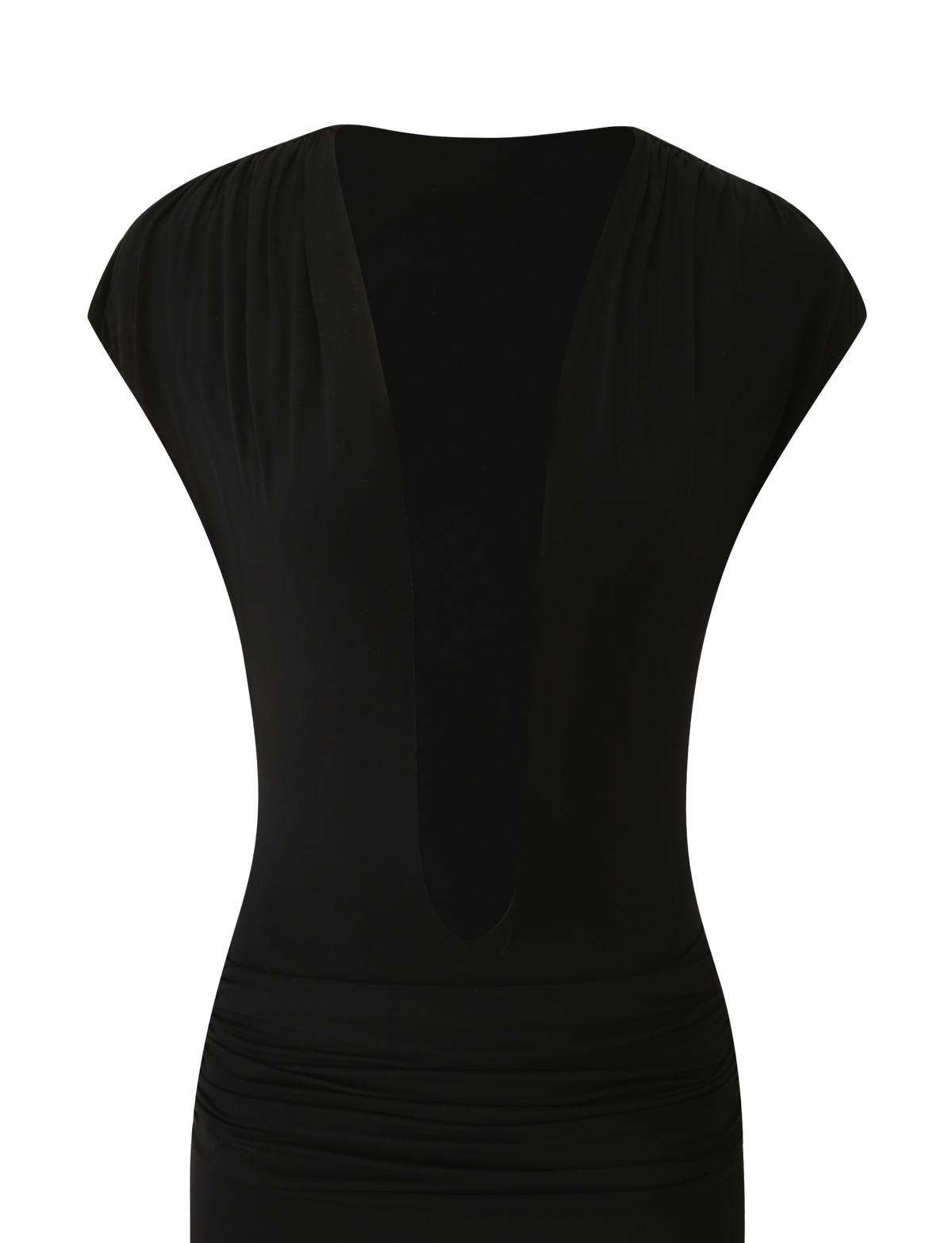 The ARIELLA PLUNGE MIDI DRESS by TIGERMIST is a black midi dress featuring cap sleeves, a deep plunging V-neckline, subtle pleating at the shoulders, and gathered detailing at the waist. Perfect as an evening cocktail dress, this standout piece is beautifully showcased against a plain white background.