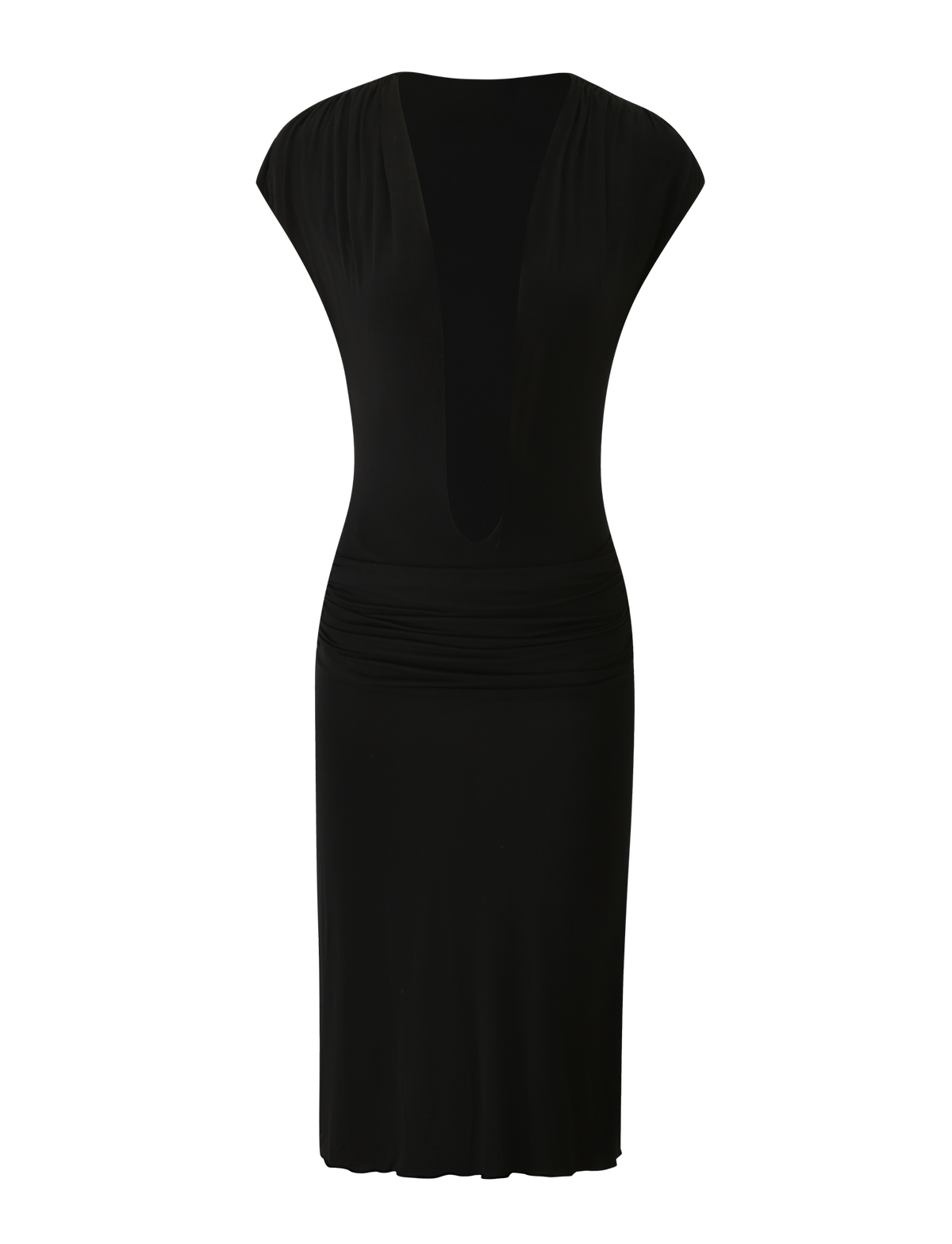 The ARIELLA PLUNGE MIDI DRESS - BLACK by TIGERMIST is a sleeveless, knee-length midi dress featuring a deep V-neckline and gathered fabric at the waist, showcased on a plain white background. This elegant evening cocktail dress combines sophistication with modern style.