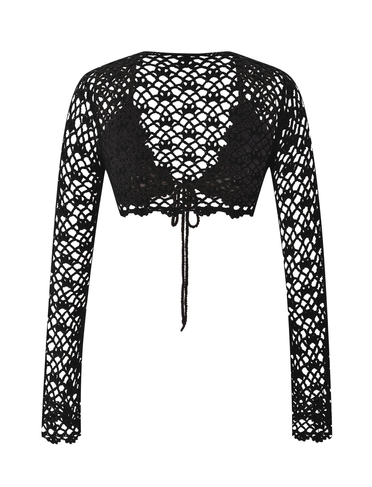 The SASHA CROCHET LONG SLEEVE TOP - BLACK by TIGERMIST features a black crochet design with a lattice pattern, tie front, and scalloped edges on the sleeves and hem. Displayed on a white background, this festival-ready crop top effortlessly combines style and comfort, making it perfect for any occasion.