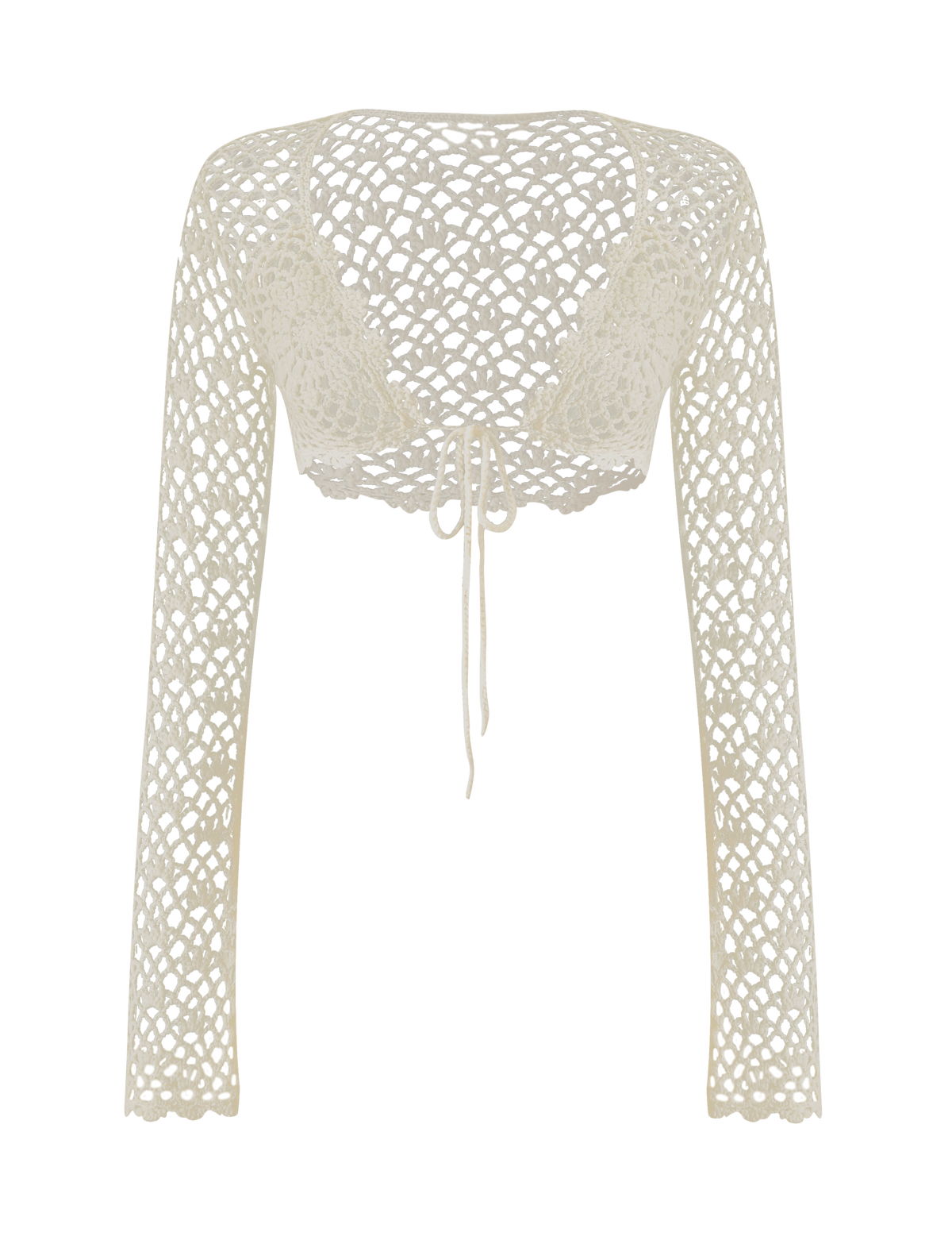 The SASHA CROCHET LONG SLEEVE TOP in cream by TIGERMIST is a chic, long sleeve bolero featuring a lattice crochet pattern and a stylish tie-front closure—perfect for festivals or layering over your favorite outfits for effortless style.