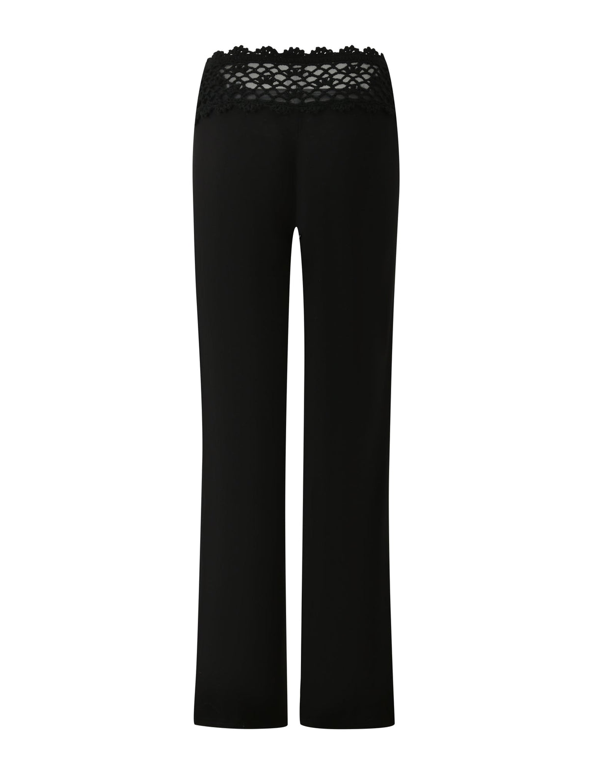 The SASHA CROCHET PANT in black by TIGERMIST features a wide-leg, festival-ready silhouette with a delicate crochet lace waistband, crafted from buttery jersey flare fabric. Shown on a white background with the back side facing forward.