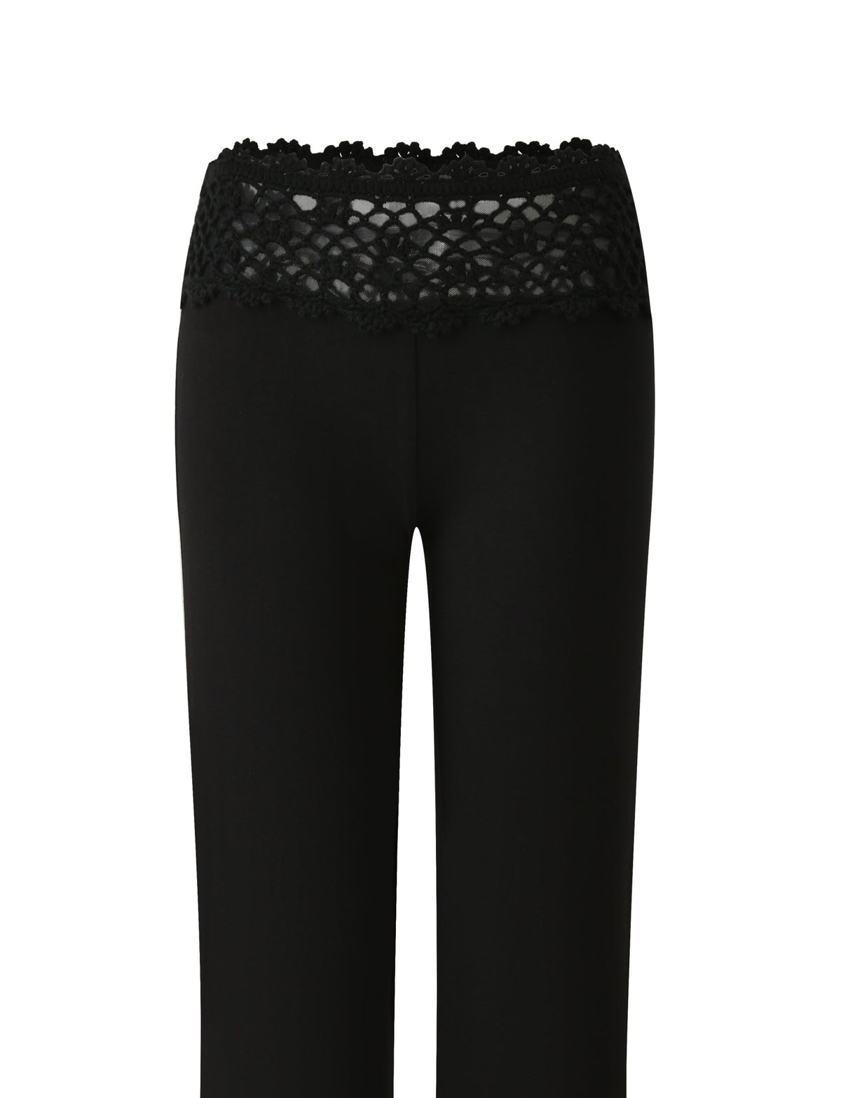 SASHA CROCHET PANT - BLACK by TIGERMIST, featuring a wide, decorative crochet lace waistband and crafted from buttery jersey fabric in a sleek flare silhouette. Displayed against a white background, the delicate lace accent adds a feminine touch to the simple yet stylish design, ensuring comfort and effortless style.