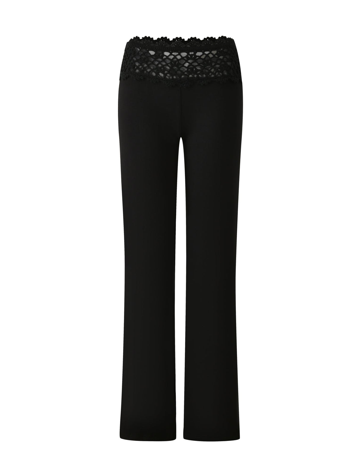 The SASHA CROCHET PANT - BLACK by TIGERMIST features wide, straight legs and a decorative lace waistband for effortless style. Crafted from buttery jersey fabric with a chic flare silhouette, these pants showcase intricate lace detail at the top while the rest remains sleek and simple against a white background.