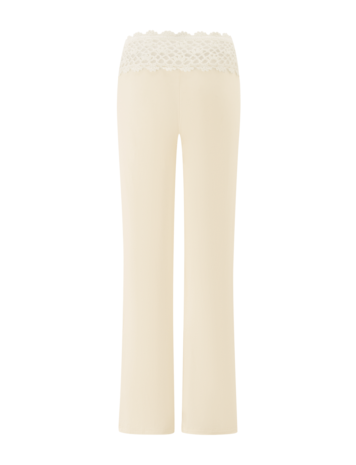 SASHA CROCHET PANT - CREAM by TIGERMIST, featuring straight legs and a delicate crochet waistband, shown from the back against a white background.