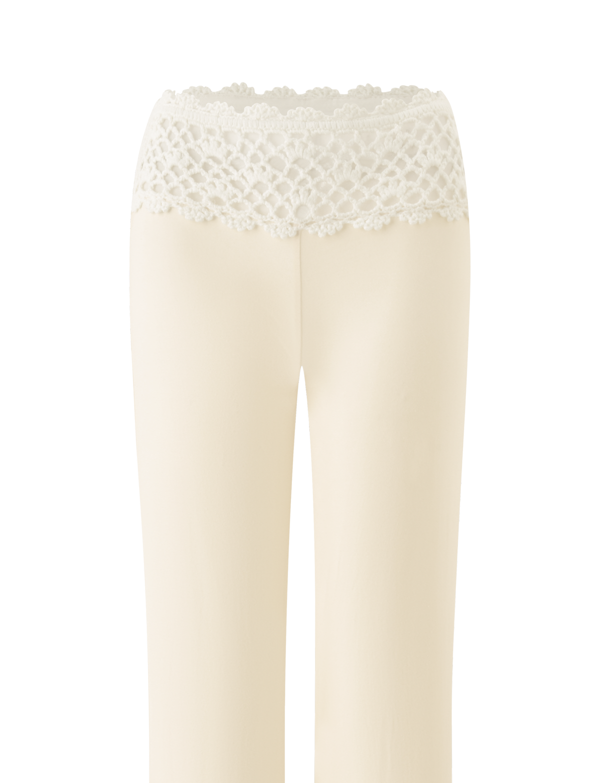 The SASHA CROCHET PANT in cream by TIGERMIST features a wide, intricately crocheted waistband and a flared festival silhouette, showcased against a plain white background.
