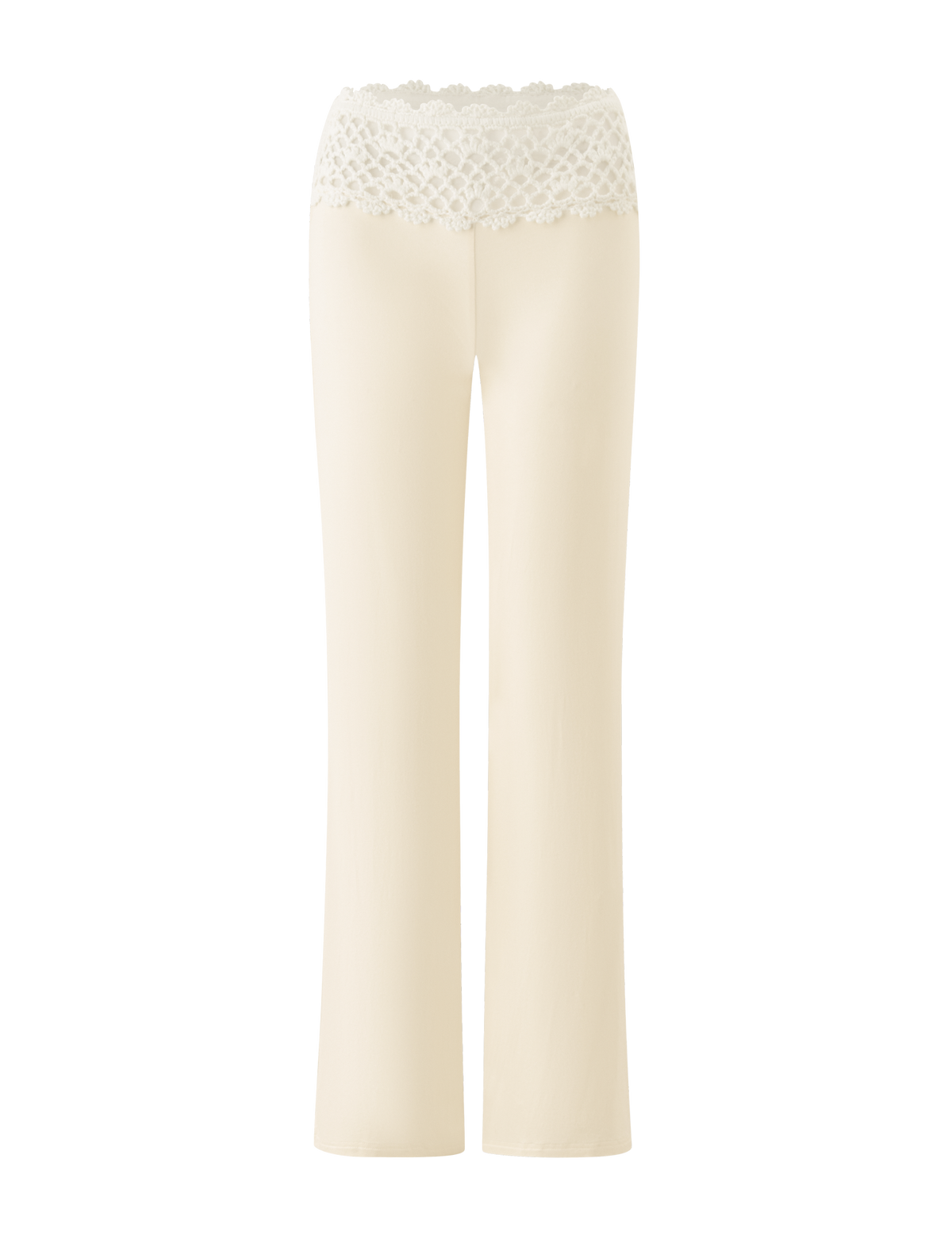 SASHA CROCHET PANT - CREAM by TIGERMIST: Cream-colored women’s festival flare pants featuring a wide leg and decorative crochet waistband, displayed against a plain white background.