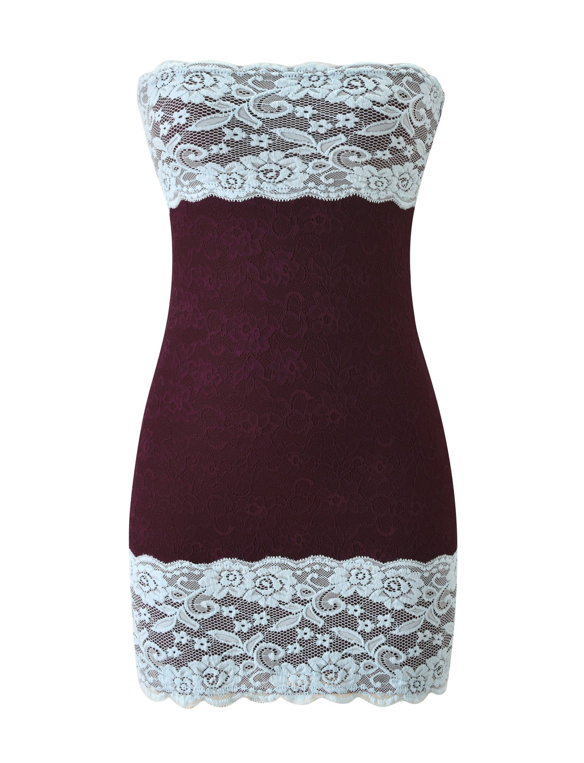 The TIGERMIST SAXON MINI DRESS in Cherry Cola features a strapless burgundy lace design with wide white lace trim along the top and bottom edges, reminiscent of a bandeau style, and is displayed against a white background.