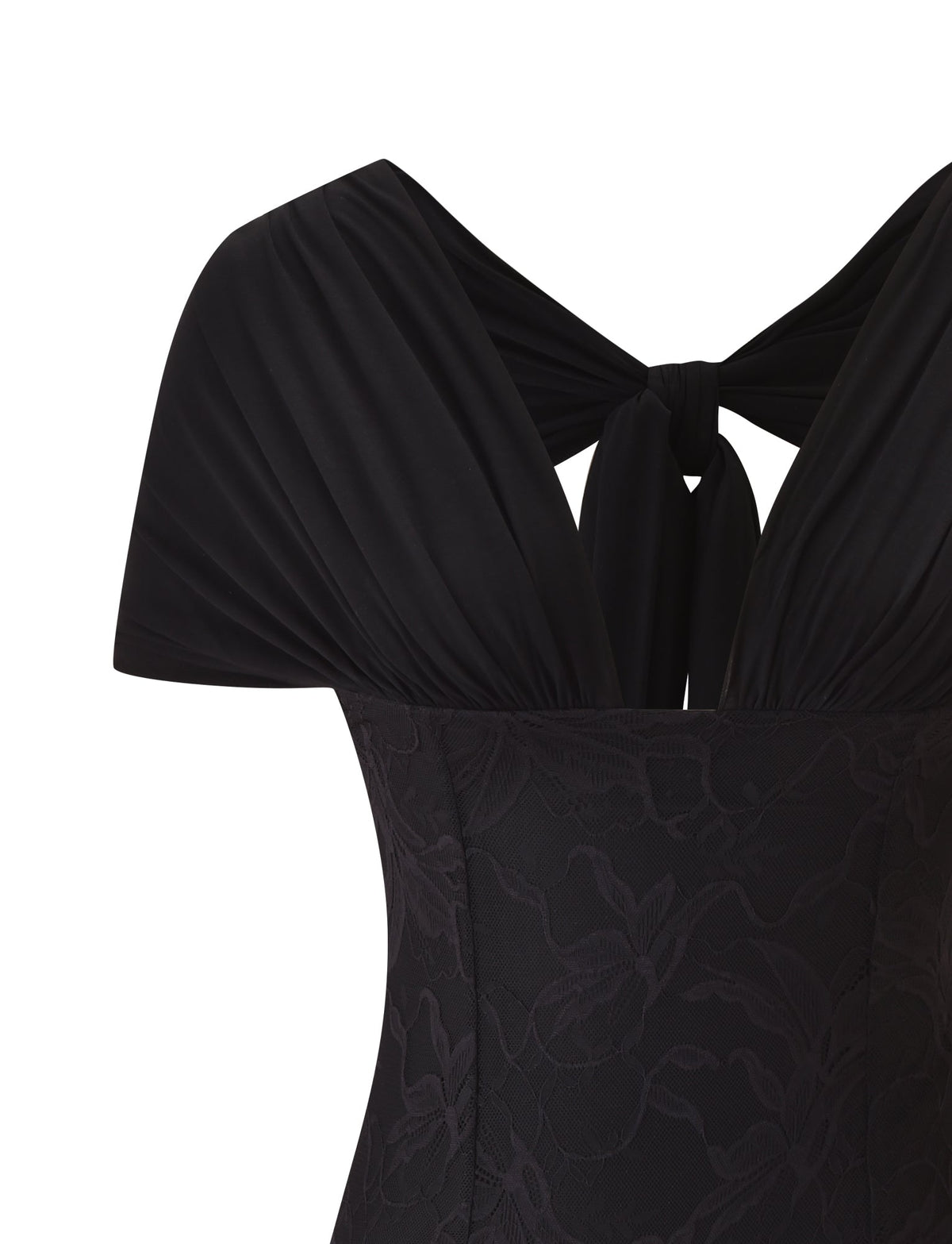 Close-up of the CLEO MINI DRESS - BLACK by TIGERMIST, featuring a textured floral pattern and a draped, twisted back detail, set against a white background—an elegant reinterpretation of the classic LBD.