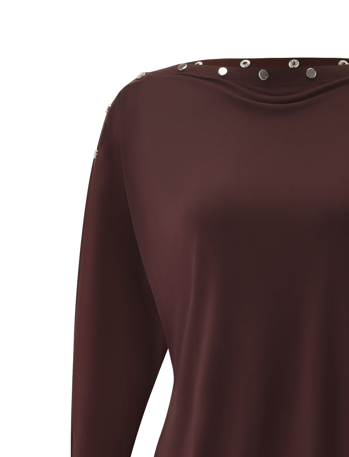 A close-up of the TIGERMIST RAVENNA LONG SLEEVE MINI DRESS in dark chocolate, featuring silver studs along the neckline and shoulder, offering the sleek elegance of a classic long sleeve dress.