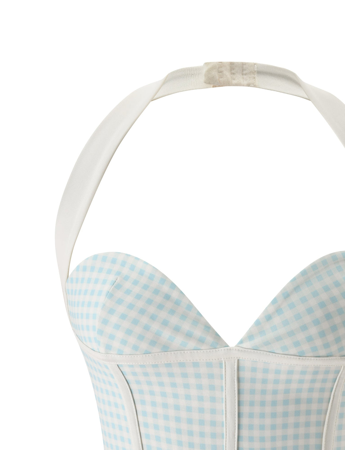 Close-up of the TIGERMIST ELISA CORSET TOP in blue gingham, featuring sweetheart bust cups, a halter neck strap, and vertical boning details, shown against a white background.