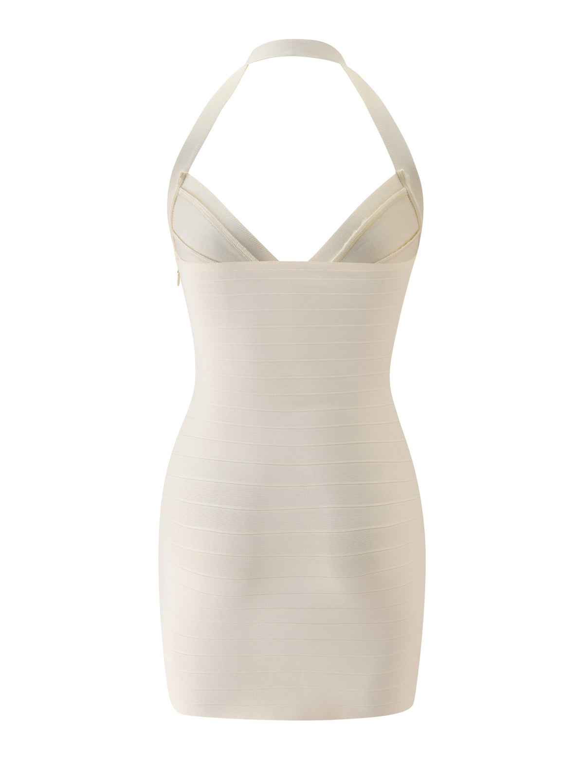 The SYDEL MINI BANDAGE DRESS by TIGERMIST is a cream-colored, sleeveless mini dress featuring a halter neckline and a form-fitting bandage design, displayed on a plain white background.