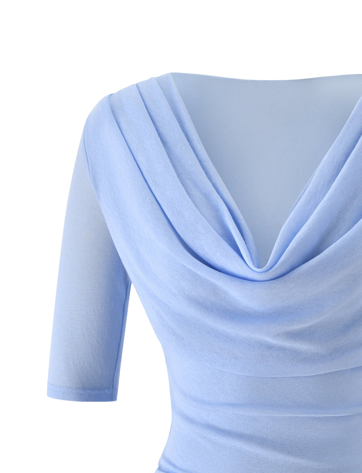MADELYN MINI DRESS - POWDER BLUE mini dress featuring a draped cowl neckline and three-quarter length sleeves.