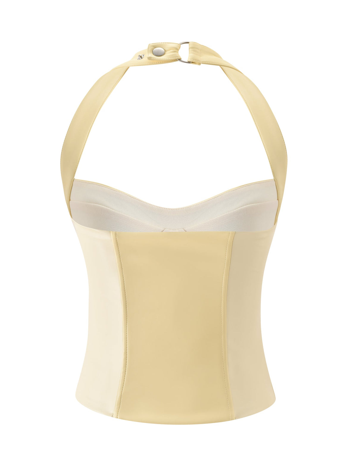 The EMERALD 2.0 TOP - BUTTER YELLOW by TIGERMIST is a sleeveless, faux leather halter neck corset with a structured fit, white mesh bust detail, and two-button neck fastening.