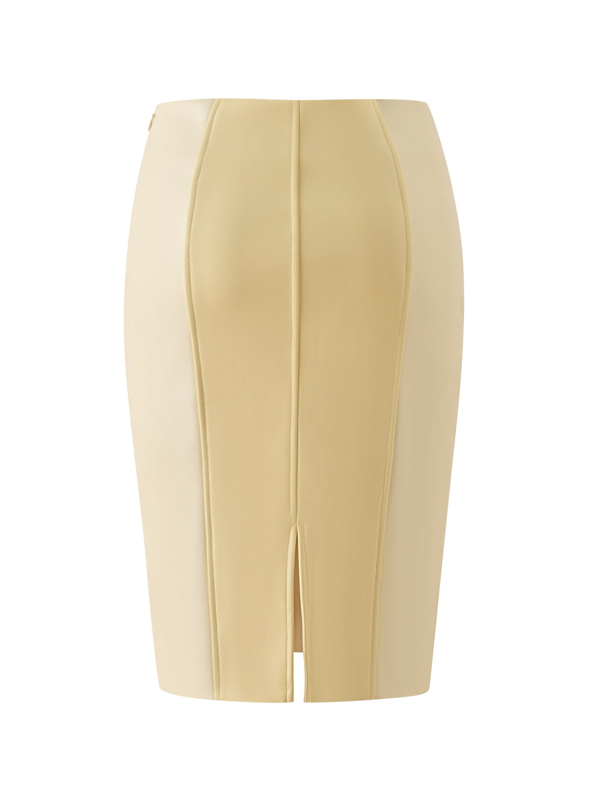 The EMERALD MIDI SKIRT - BUTTER YELLOW by TIGERMIST is a high-waisted faux leather pencil skirt with a column silhouette, vertical seams, and a front slit.