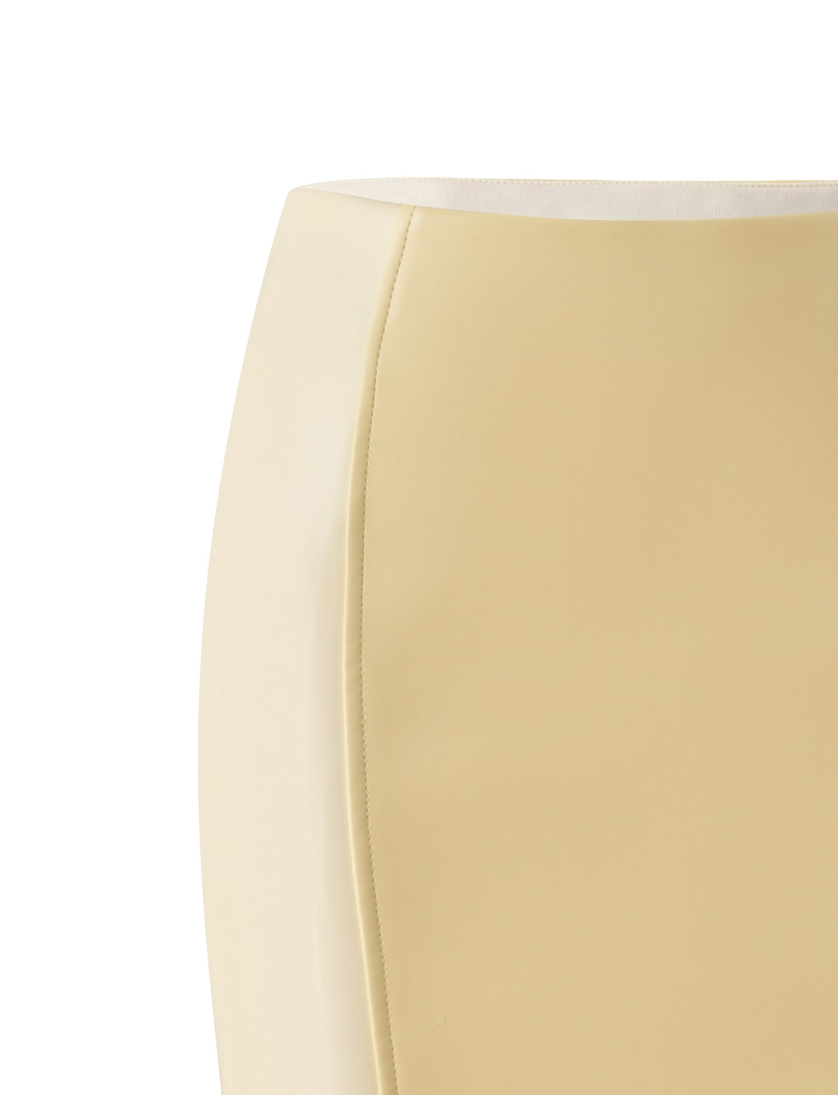 A close-up of the EMERALD MIDI SKIRT - BUTTER YELLOW by TIGERMIST, featuring butter yellow faux leather, visible seam details, and a sleek column silhouette against a white background.