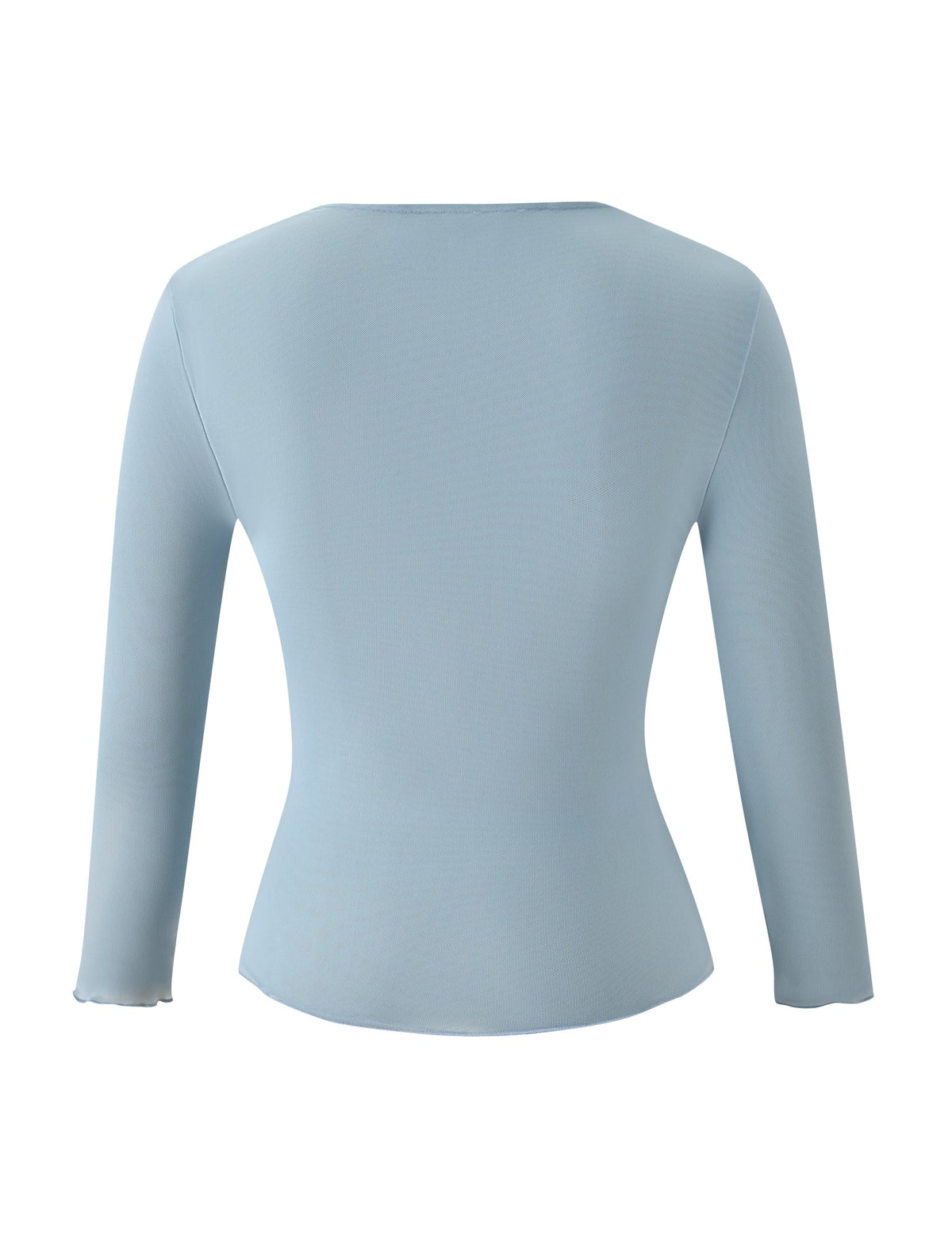 Back view of the dusty blue ELLIOT TOP - DUSTY BLUE, a three-quarter sleeve, ruched keyhole top with a round neckline.