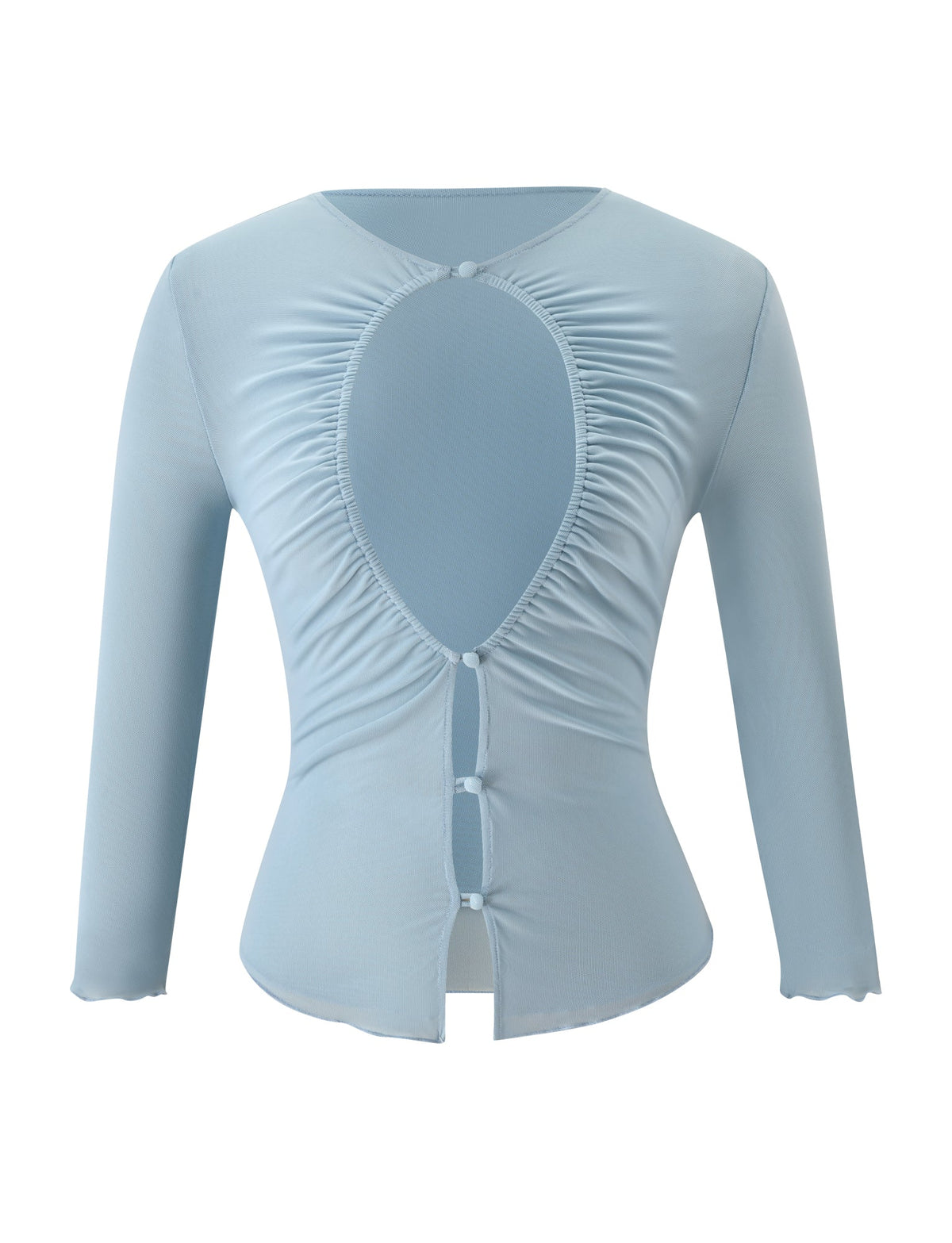 Dusty blue ELLIOT TOP - DUSTY BLUE with three-quarter sleeves and a large teardrop chest cutout, fastened by three small buttons down the center front.