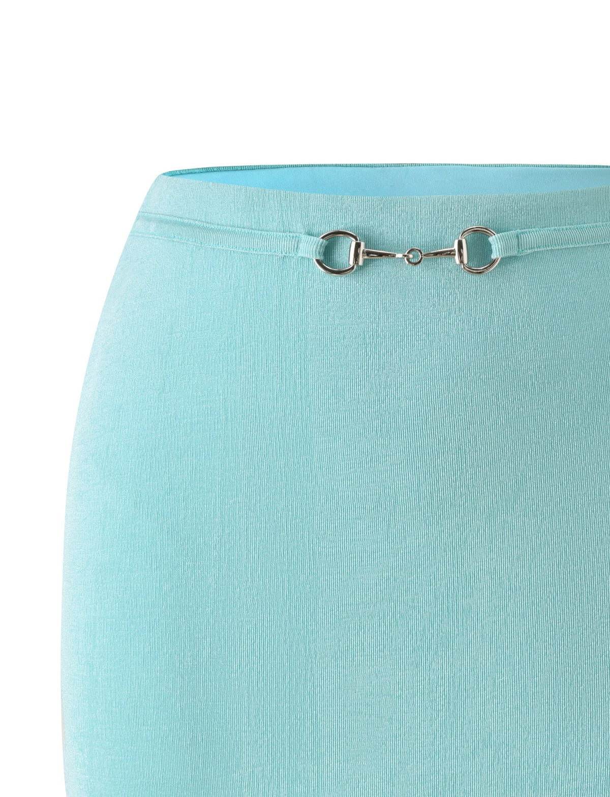 RAE MINI SKIRT - AQUA in aqua blue sparkle knit with a silver horse-bit detail at the waistband.