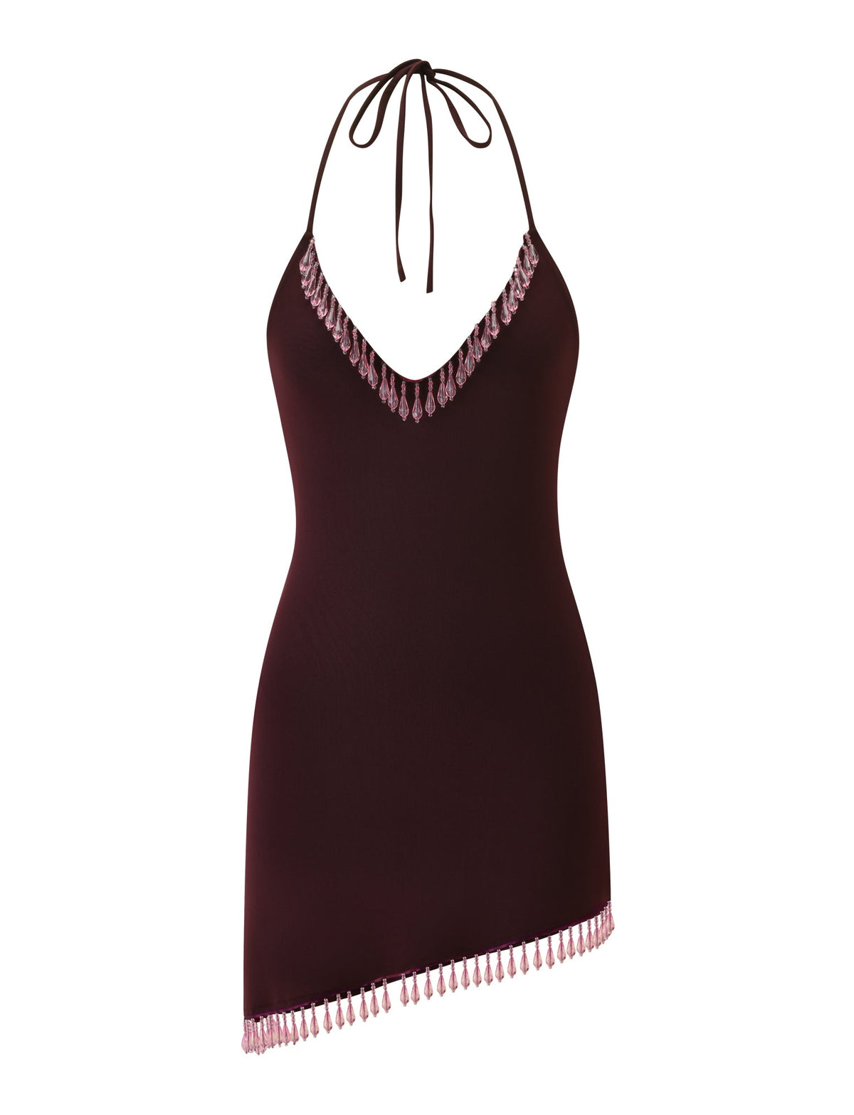 NELLIE MINI DRESS - CHOCOLATE: a dark brown bodycon halter mini dress with a V-neckline and asymmetrical hem, both trimmed with festive light pink beaded fringe.
