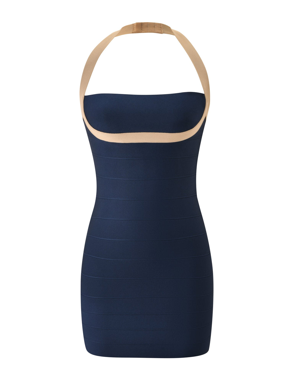 The ELEANOR BANDAGE MINI DRESS in navy and tan by TIGERMIST is a form-fitting mini dress featuring a navy blue body and beige halter neck strap, displayed on a white background.