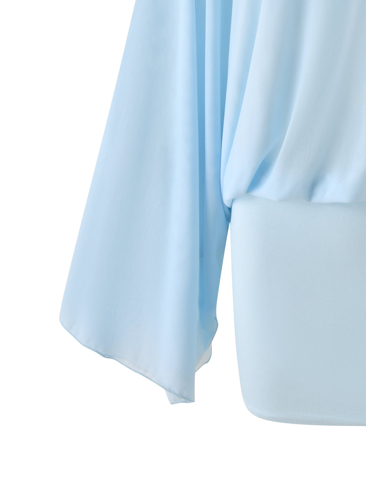 Close-up of the CAMILLE MINI DRESS - BLUE, a light blue mesh mini dress featuring a wide, flowing sleeve.