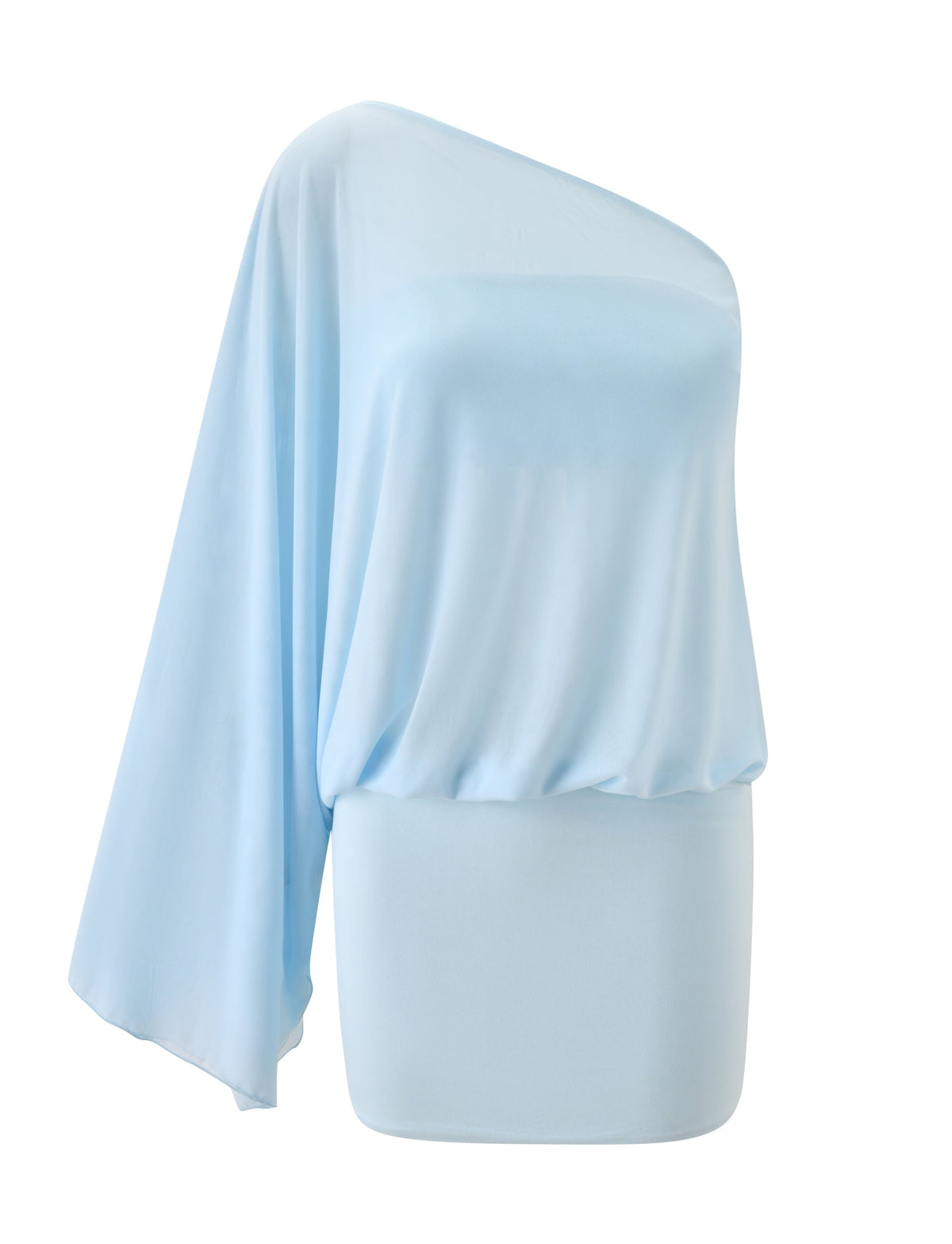 CAMILLE MINI DRESS - BLUE: A light blue, off-the-shoulder mini dress with a draped, loose-fitting bodice and a fitted skirt.