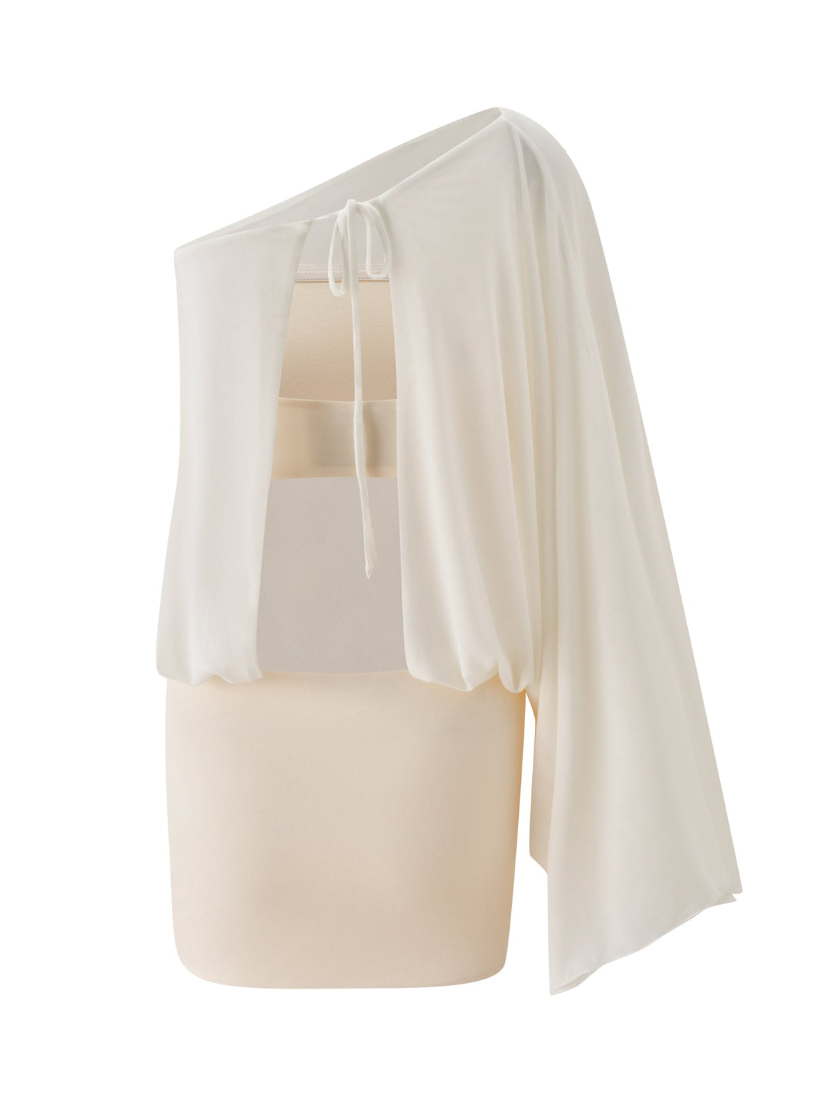 The CAMILLE MINI DRESS - CREAM by TIGERMIST features an asymmetrical, cream sheer design with a draped one-shoulder style and tie closure at the neck, displayed on a plain background.