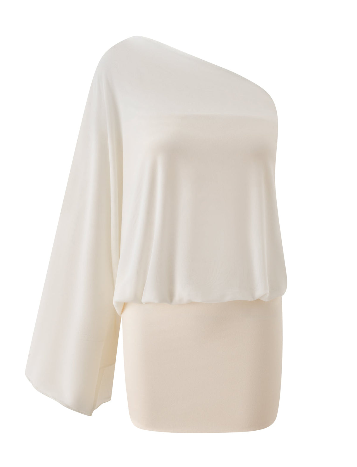 The CAMILLE MINI DRESS - CREAM by TIGERMIST features an ivory one-shoulder design with a loose, draped sleeve, fitted hem, and asymmetrical neckline, perfect for day-to-night wear. Displayed on a plain white background.