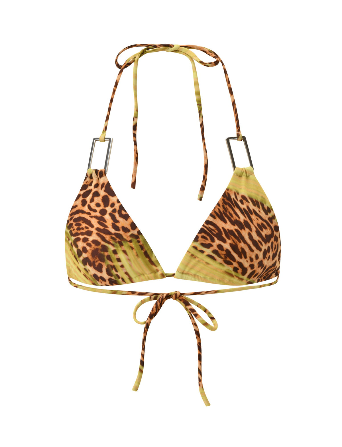 SCOTTIE BIKINI TOP - ELECTRIC LEOPARD triangle bikini top in yellow and brown leopard print, featuring silver rectangular hardware at the straps and adjustable ties at the neck and back.