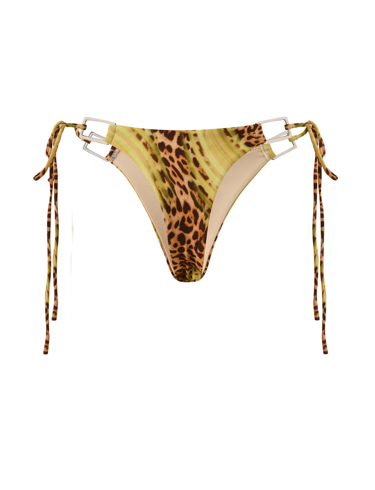 SCOTTIE BIKINI BOTTOM - ELECTRIC LEOPARD in a cheeky fit, featuring adjustable side ties and rectangular silver-tone hardware accents.