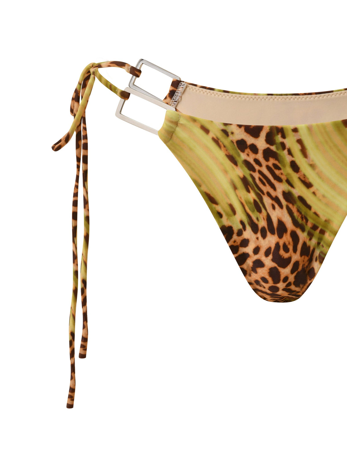 SCOTTIE BIKINI BOTTOM - ELECTRIC LEOPARD in a green and brown leopard print, featuring adjustable side ties and silver rectangular metal hardware.