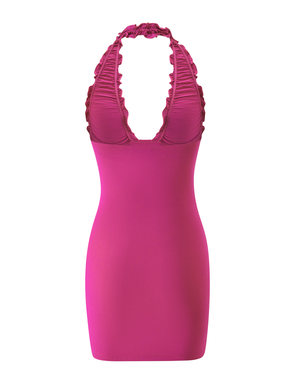CANDI MINI DRESS - FUCHSIA, a fuchsia bodycon halter mini dress with a deep V-neckline and ruched, ruffled straps.