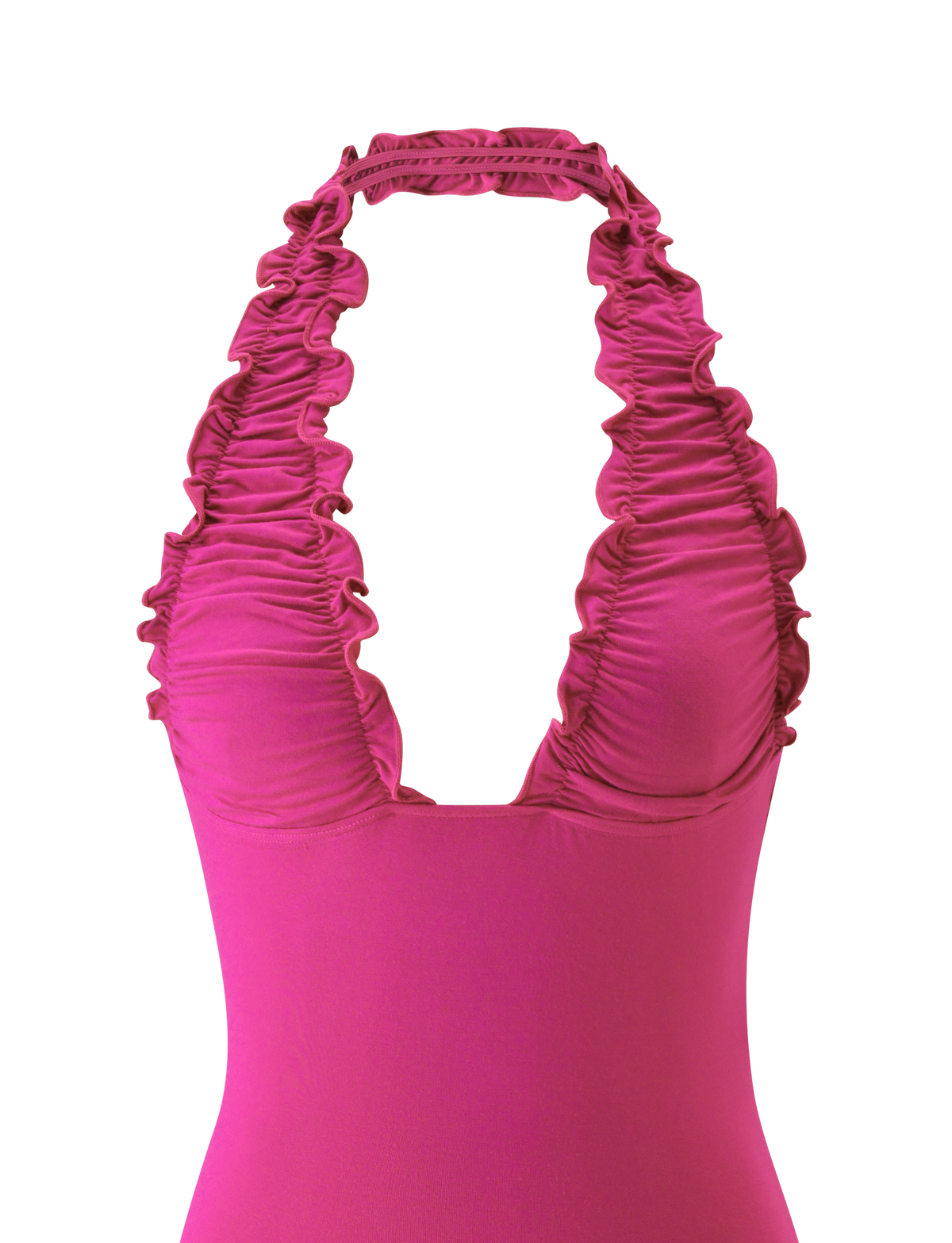 Fuchsia CANDI MINI DRESS bodycon halter mini dress with a deep V-neckline and ruched, ruffled straps.