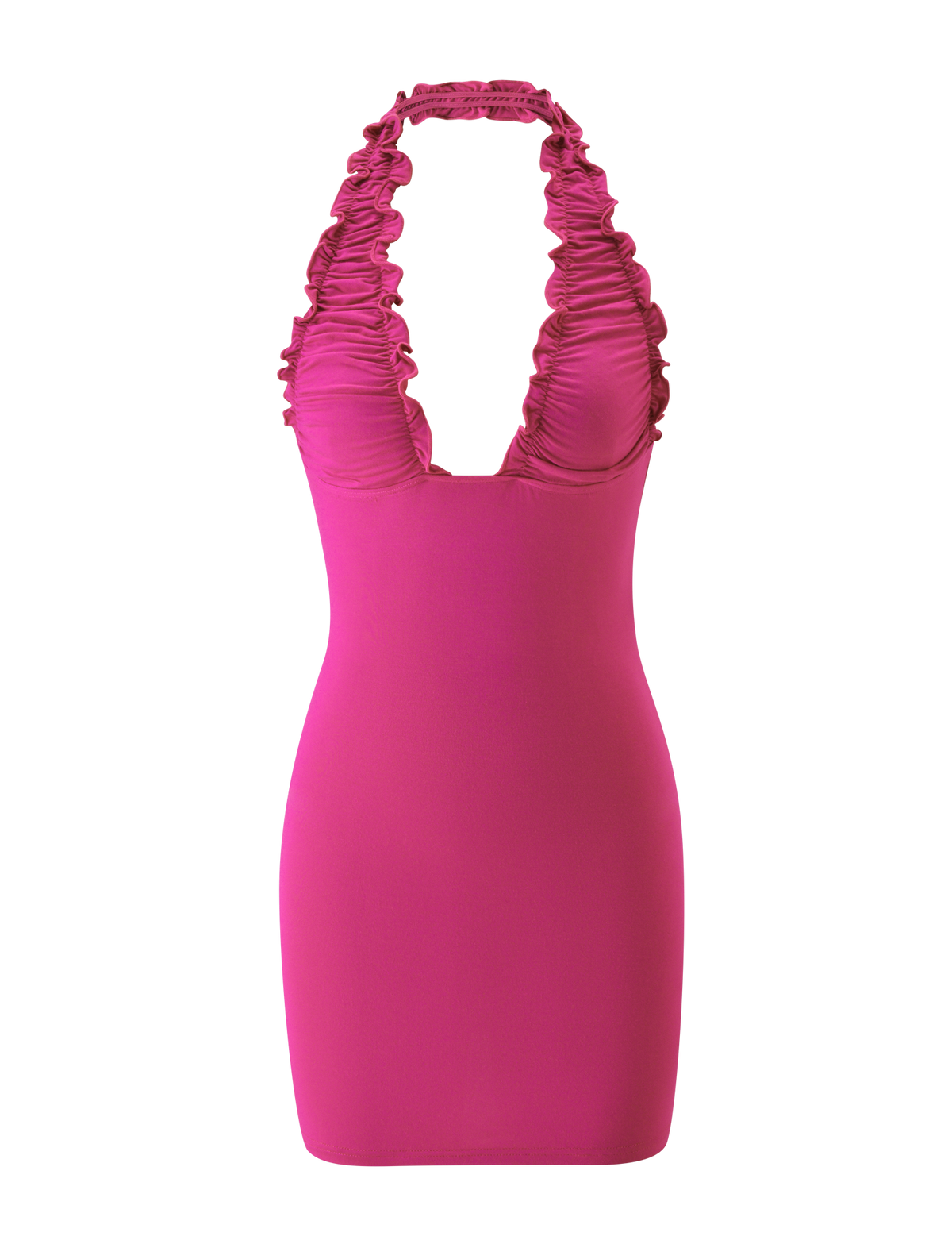 CANDI MINI DRESS - FUCHSIA, a fuchsia bodycon halter mini dress with a deep V-neckline and ruched straps.