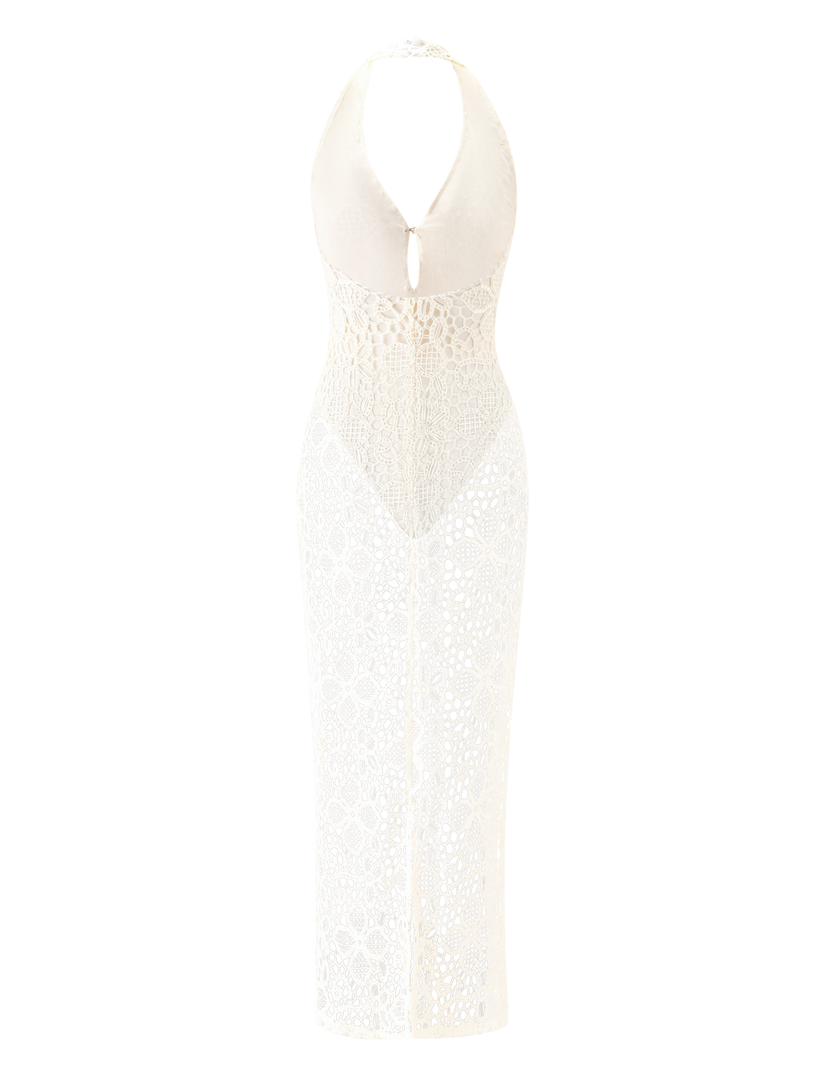 LARKIN MAXI DRESS - CREAM in a halter neckline style with a solid bodice and sheer crochet lace overlay.