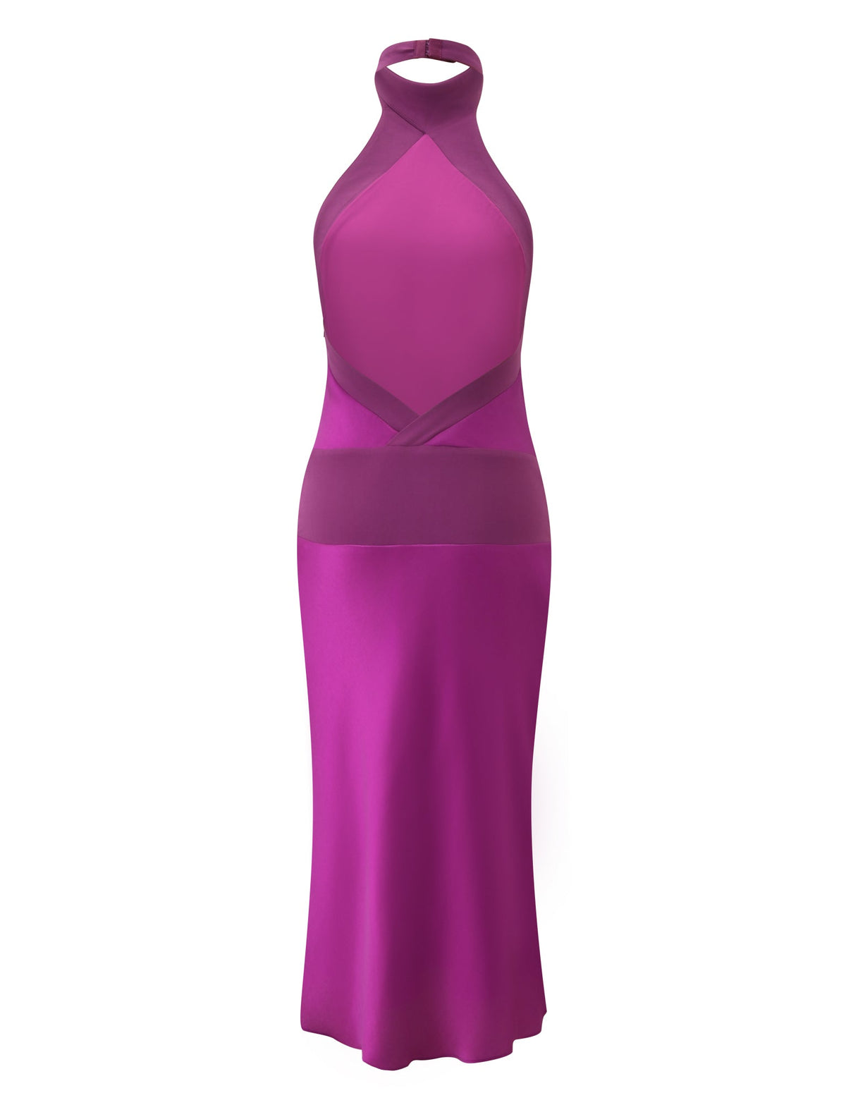 The ZAYA MIDI DRESS - MULBERRY by TIGERMIST features a sleeveless design, sheer mesh panels, a fitted bodice, and a smooth satin-like skirt—ideal as a chic satin formal dress for special occasions.
