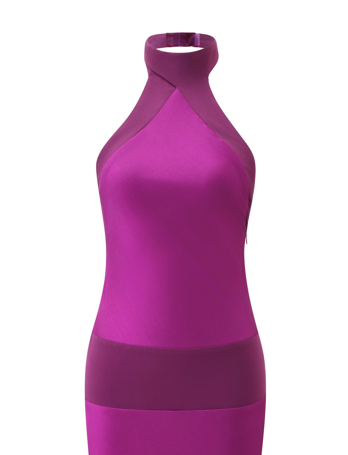 The ZAYA MIDI DRESS - MULBERRY by TIGERMIST is a sleeveless satin midi dress in mulberry purple with a fitted bodice, magenta collar and waist bands, shown on a white background.