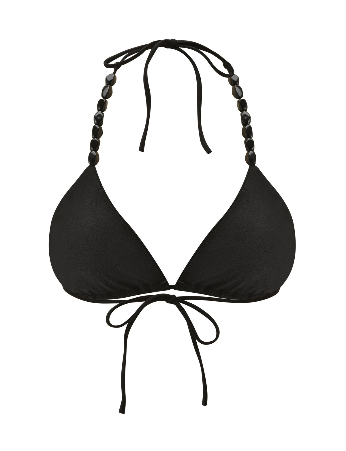 DARRYN BIKINI TOP - BLACK, a classic black triangle bikini top featuring beaded halter straps and a tie-front closure.