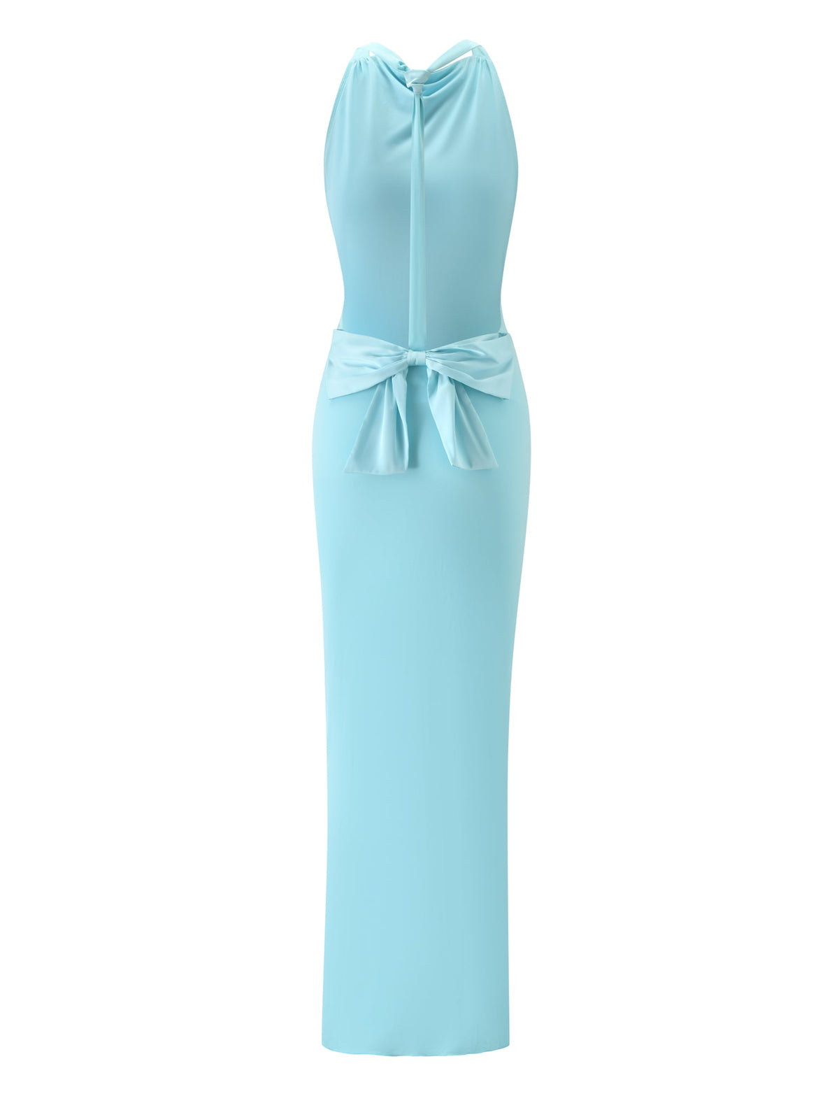 The RONI MAXI DRESS - AQUA by TIGERMIST features a light blue, sleeveless, floor-length design with a fitted bodice, cowl neckline, and bold waist bow—ideal for a chic destination wedding. Smooth, slightly shiny fabric.