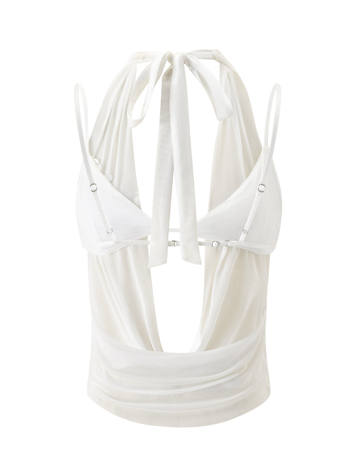 SOLARE TWO PIECE TOP - IVORY featuring an ivory cowl neck halter design with thin straps and a draped, open-front mesh finish.