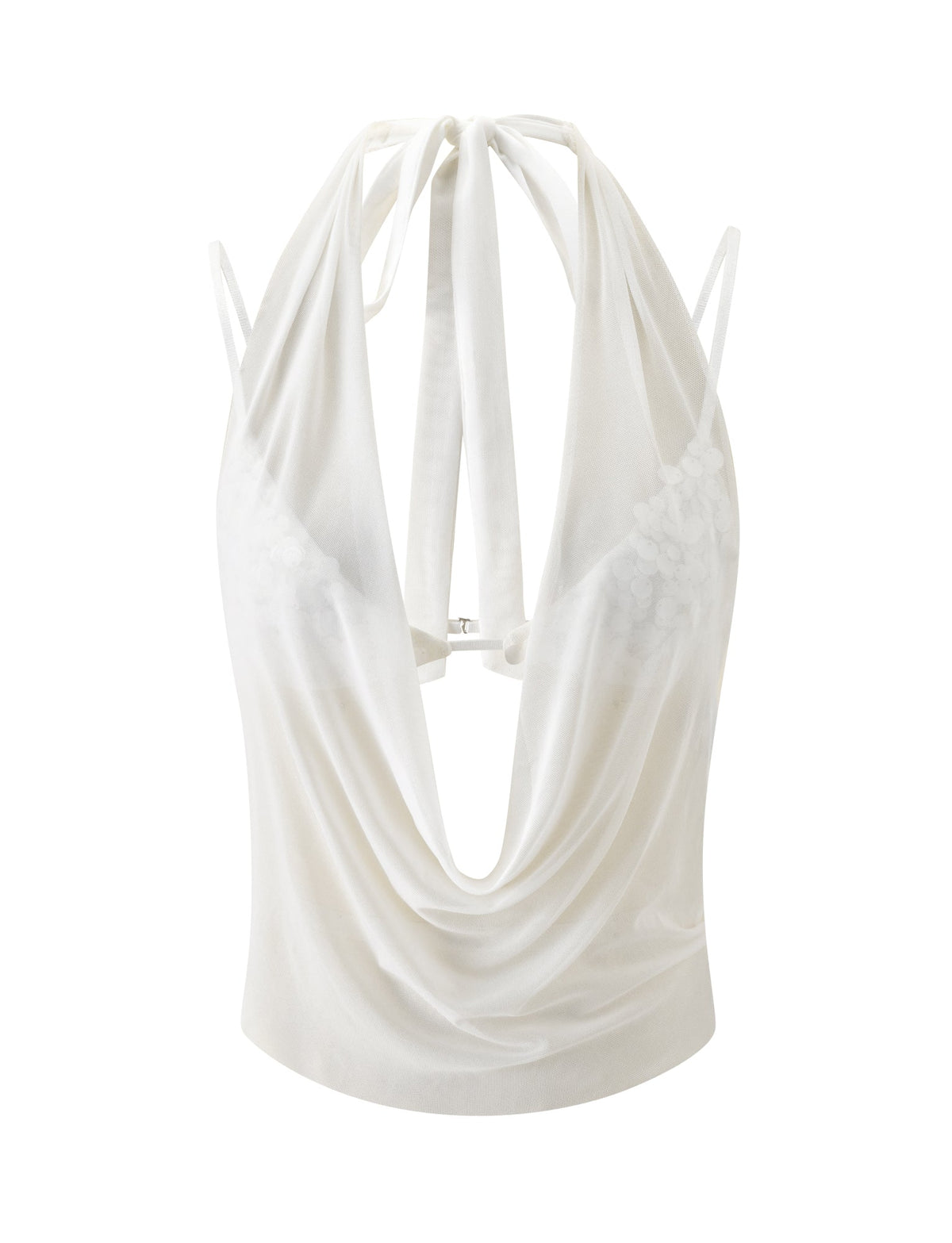 SOLARE TWO PIECE TOP - IVORY in an ivory mesh halter style featuring a deep cowl neckline, thin straps, and a sequin bra design.