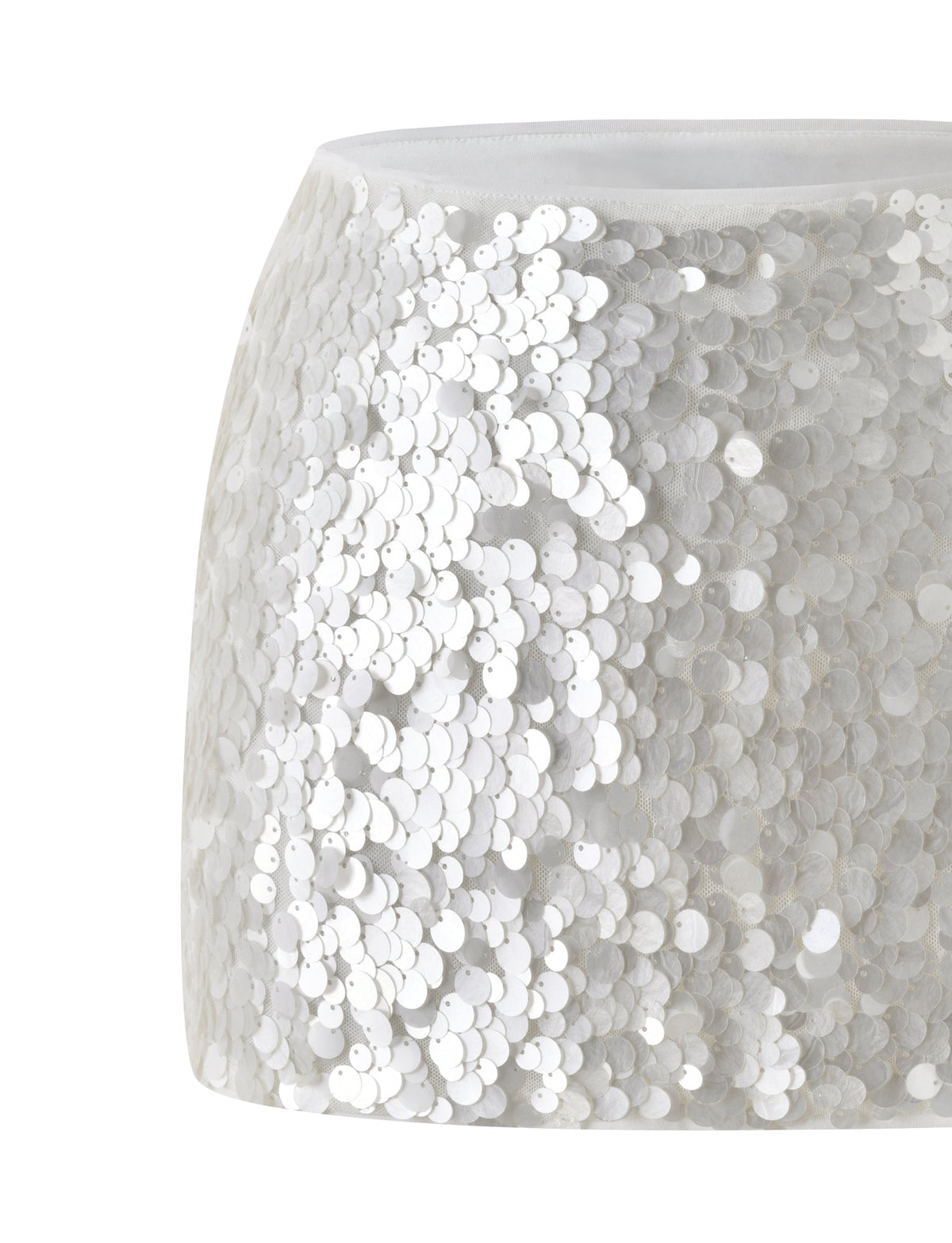 SOLARE MINI SKIRT - IVORY: An ivory mini skirt covered in overlapping faux shell sequins.