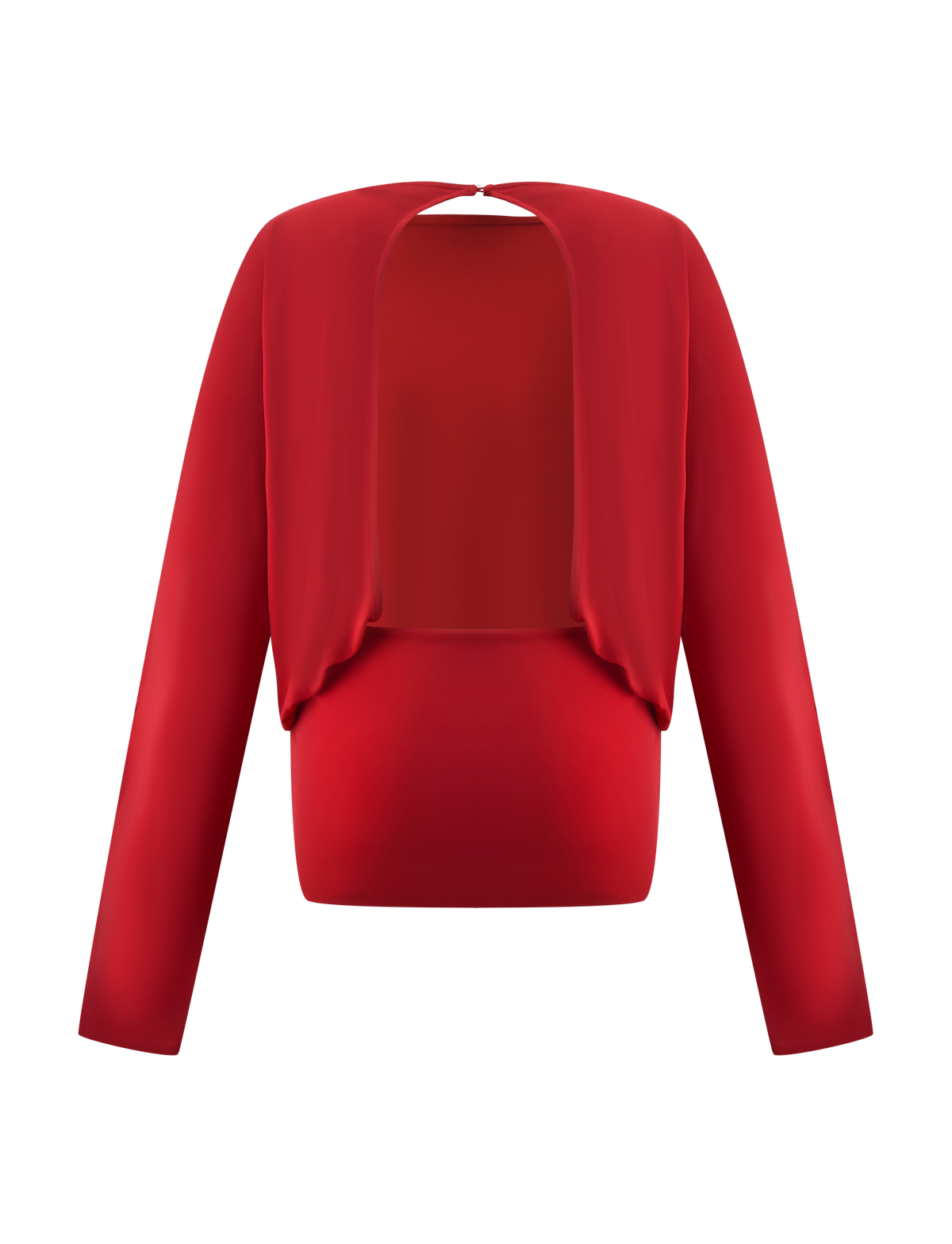 The BIANCA MINI DRESS by TIGERMIST is a long-sleeve red mini dress featuring an open front design and a high neckline, inspired by a sleek bodycon silhouette, shown against a plain white background.