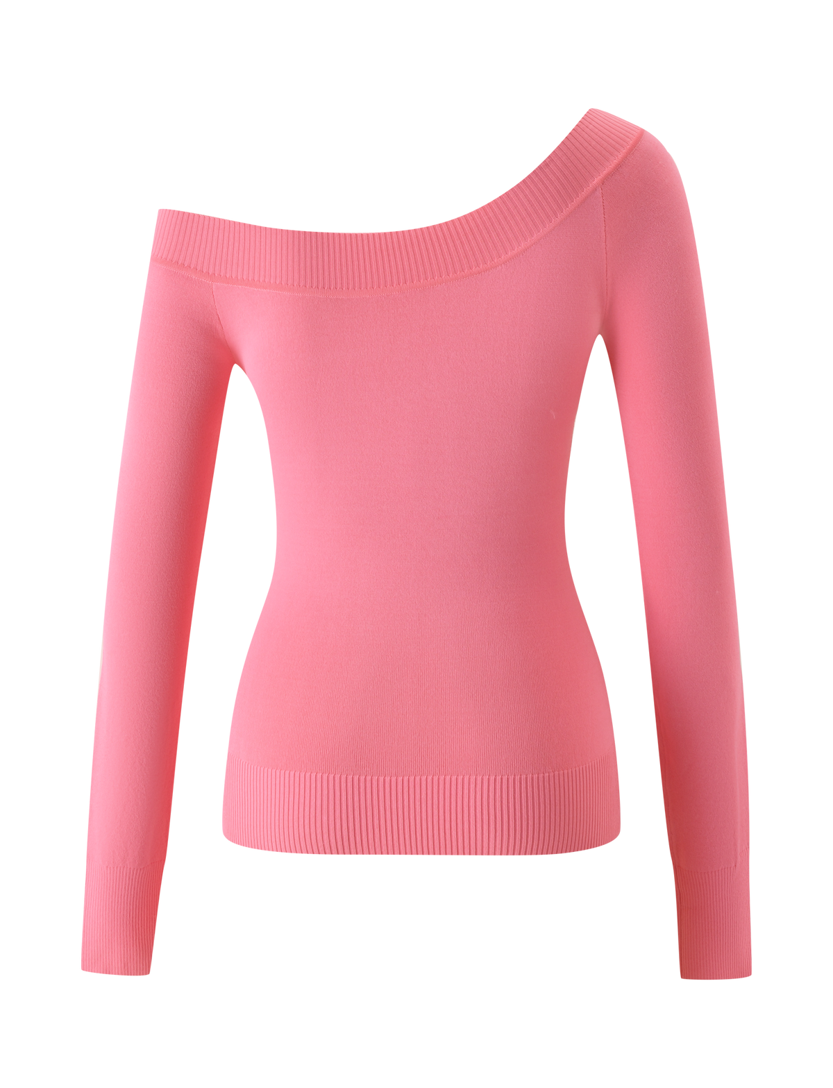 The TIGERMIST PARKER KNIT TOP in coral is a long-sleeve, off-the-shoulder sweater featuring ribbed cuffs and hem with a flattering bodycon fit, shown against a plain white background.