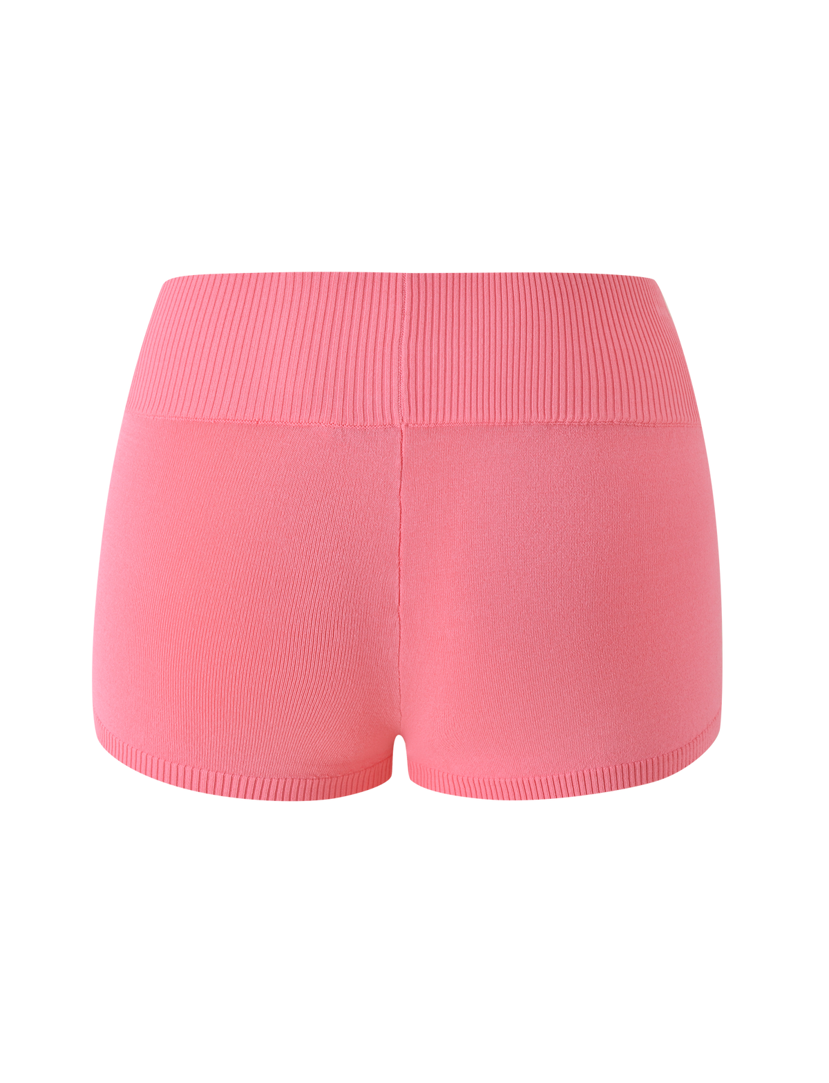 The PARKER KNIT MICRO SHORT - CORAL by TIGERMIST is crafted from a fine ribbed knit fabric in a vibrant coral hue. Shown from the back against a plain white background, these high-waisted shorts highlight the waistband and seam detailing, and feature a bodycon fit for a sleek, flattering silhouette.